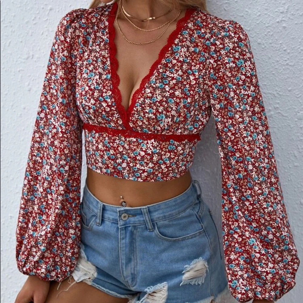 🌺 BOHO RED BLUE VNECK LONG SLEEVE CROP TOP!